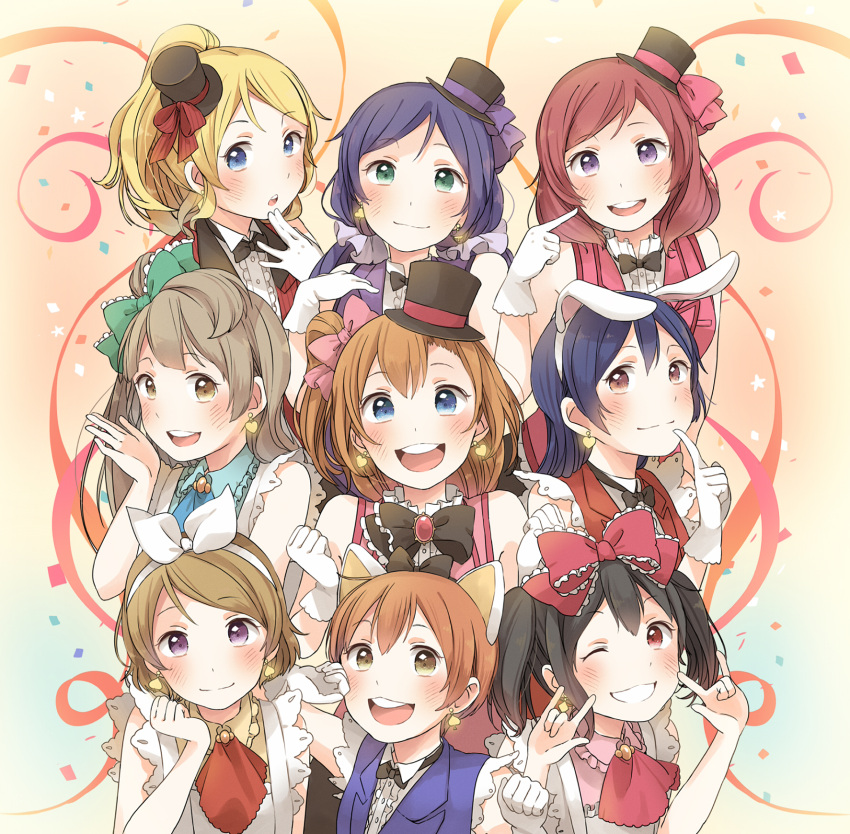 6+girls \m/ animal_ears ascot ayase_eli bangs black_hair black_hat black_neckwear blonde_hair blue_eyes blue_hair blue_neckwear blue_ribbon blue_shirt blue_vest blush bow bowtie brown_eyes brown_hair cat_ears center_frills clenched_hand commentary_request confetti double_\m/ earrings fake_animal_ears finger_to_mouth frilled_bow frilled_shirt_collar frills gloves green_bow green_eyes grey_hair grin group_picture hair_bow hair_ornament hair_ribbon hair_scrunchie hand_to_own_mouth hand_up hat hat_ribbon heart heart_earrings highres hoshizora_rin index_finger_raised jewelry kana_(okitasougo222) koizumi_hanayo korekara_no_someday kousaka_honoka long_hair looking_at_viewer love_live! love_live!_school_idol_project minami_kotori multiple_girls nishikino_maki one_eye_closed one_side_up orange_hair paw_pose pink_bow pink_ribbon pink_shirt pointing pointing_at_self purple_hair purple_scrunchie purple_shirt rabbit_ears red_bow red_eyes red_neckwear red_ribbon red_shirt redhead ribbon scrunchie shirt short_hair short_sleeves smile sonoda_umi streamers top_hat toujou_nozomi twintails vest violet_eyes white_gloves white_ribbon white_shirt yazawa_nico yellow_shirt