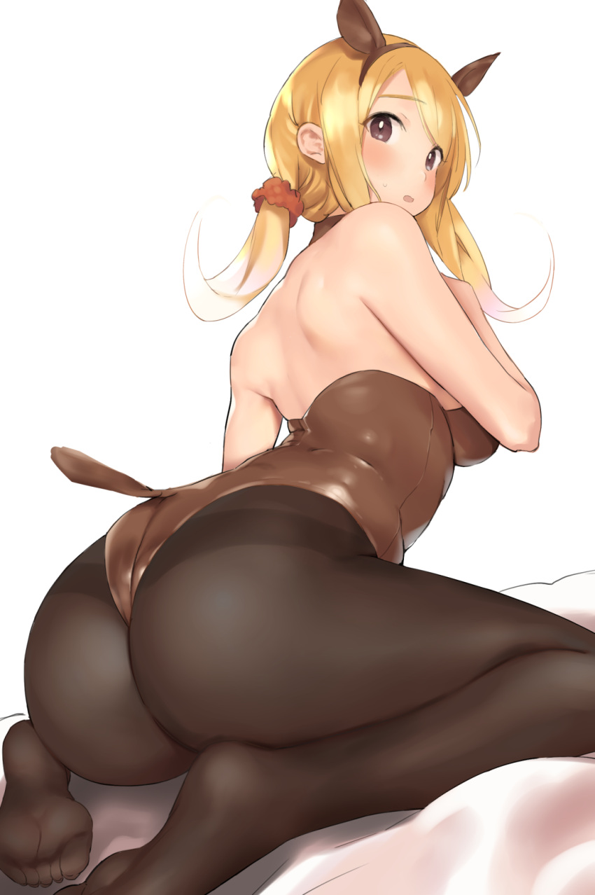 1girl animal_ears ass back bare_arms bare_shoulders bed_sheet black_hairband blonde_hair blush breasts brown_eyes floating_hair from_behind hair_ornament hair_scrunchie hairband halterneck highres leotard long_hair looking_at_viewer looking_back low-tied_long_hair medium_breasts nekoshoko no_shoes orange_scrunchie original pantyhose parted_lips scrunchie seiza shoulder_blades simple_background sitting sweat white_background