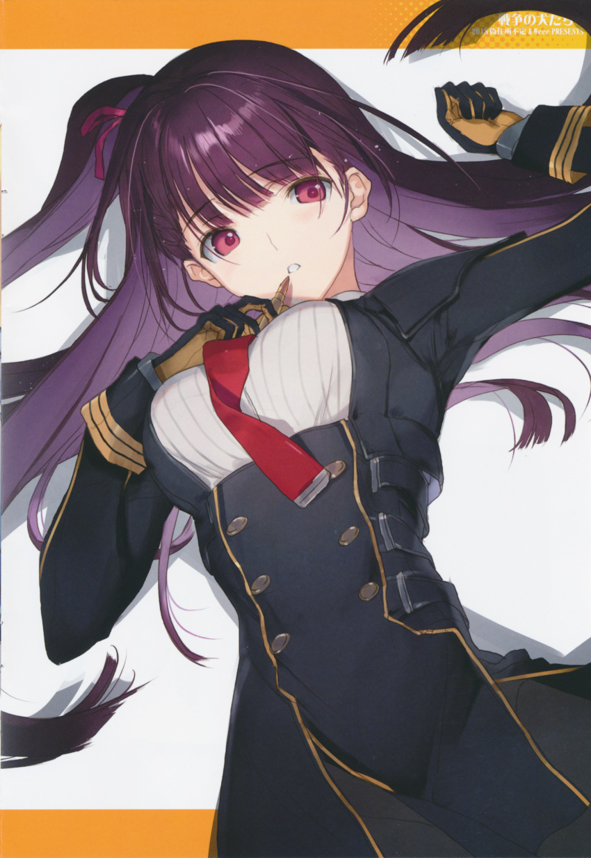 1girl absurdres bangs black_dress breasts bullet buttons dress eyebrows_visible_through_hair girls_frontline gloves highres holding long_hair long_sleeves lying medium_breasts nakamura_takeshi necktie on_back parted_lips purple_hair red_neckwear scan shiny shiny_hair short_dress side_ponytail simple_background solo violet_eyes wa2000_(girls_frontline)