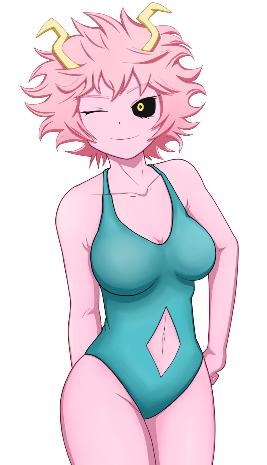 1girl absurdres ashido_mina bare_shoulders black_sclera boku_no_hero_academia eyebrows_visible_through_hair highres horns looking_at_viewer one_eye_closed pink_hair pink_skin shinjicoca short_hair simple_background smile solo standing swimsuit white_background yellow_eyes