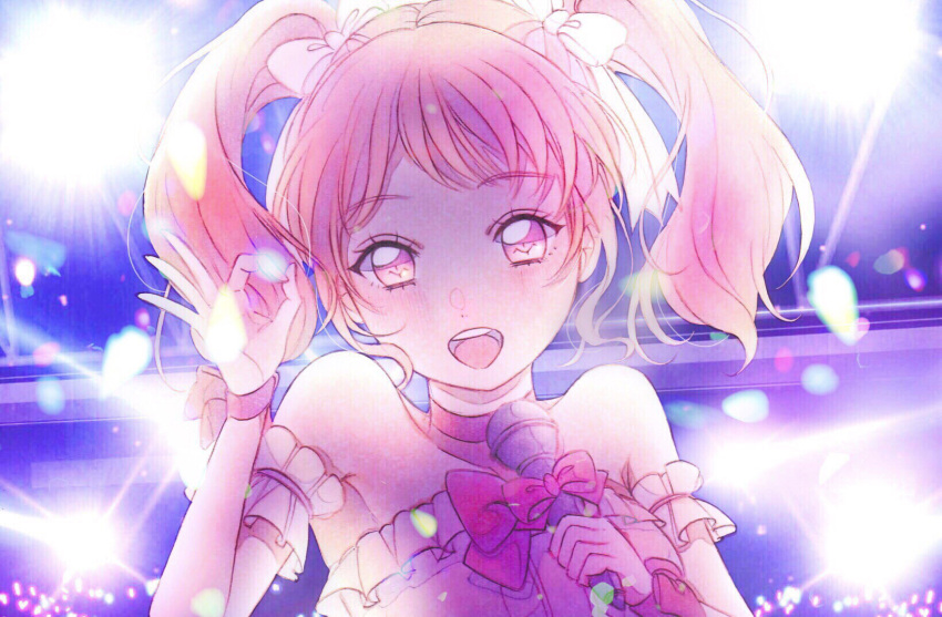 1girl :d bang_dream! bangs bow choker detached_sleeves frilled_sleeves frills glowstick hair_ribbon hand_up highres holding holding_microphone looking_at_viewer maruyama_aya microphone music ok_sign open_mouth petals pink_bow pink_choker pink_eyes pink_hair ribbon sidelocks singing smile solo stage_lights strapless twintails upper_body white_ribbon wrist_bow yuyuyugoonn