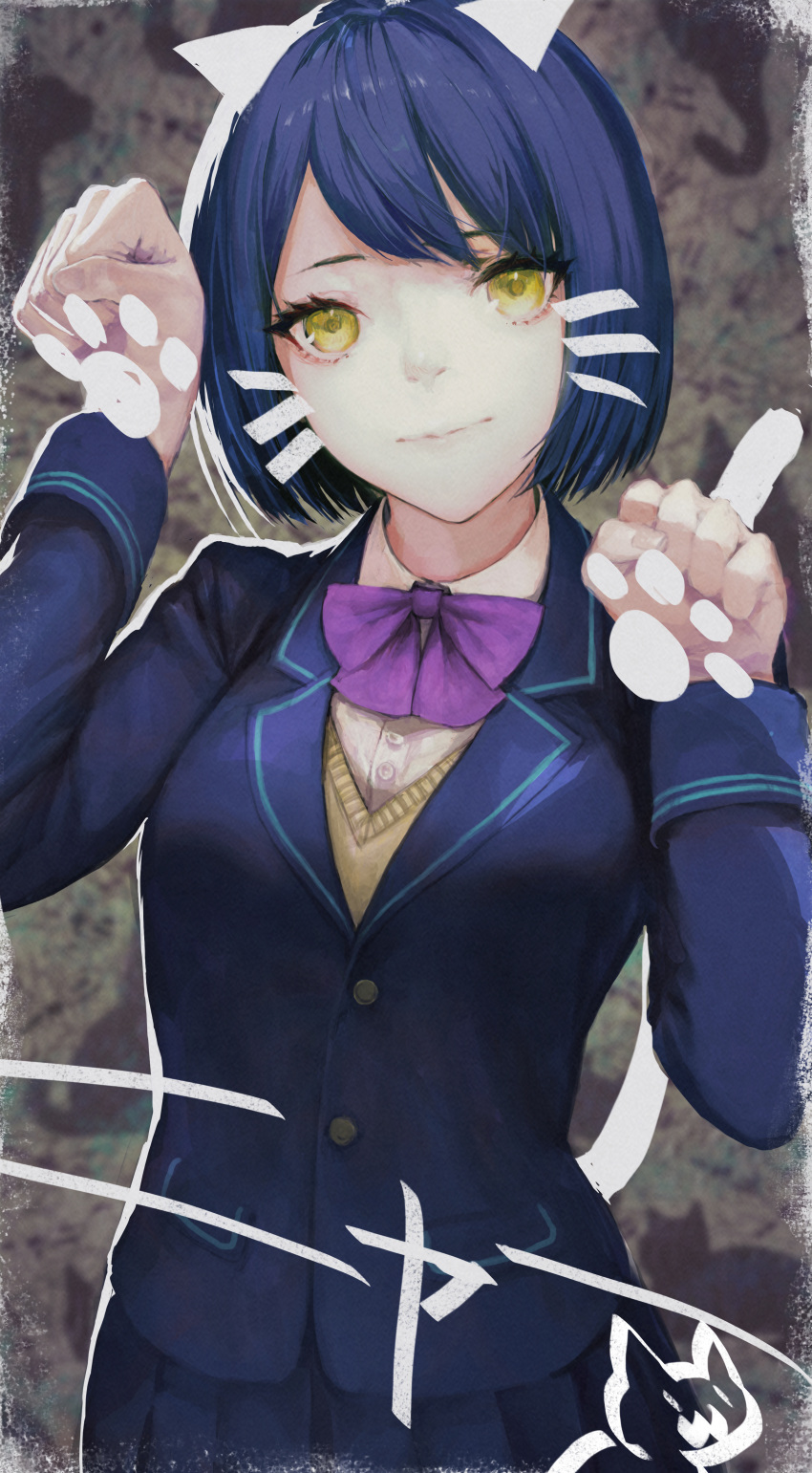 1girl absurdres animal_ears bob_cut bow bowtie cat_ears cat_tail closed_mouth collared_shirt commentary_request fake_animal_ears fake_tail hands_up head_tilt highres jacket long_sleeves looking_at_viewer nijisanji paw_pose paw_print pleated_skirt purple_hair purple_jacket purple_neckwear purple_skirt ryono_mizuki shirt shizuka_rin short_hair skirt smile solo tail vest virtual_youtuber whiskers white_shirt wing_collar yellow_eyes