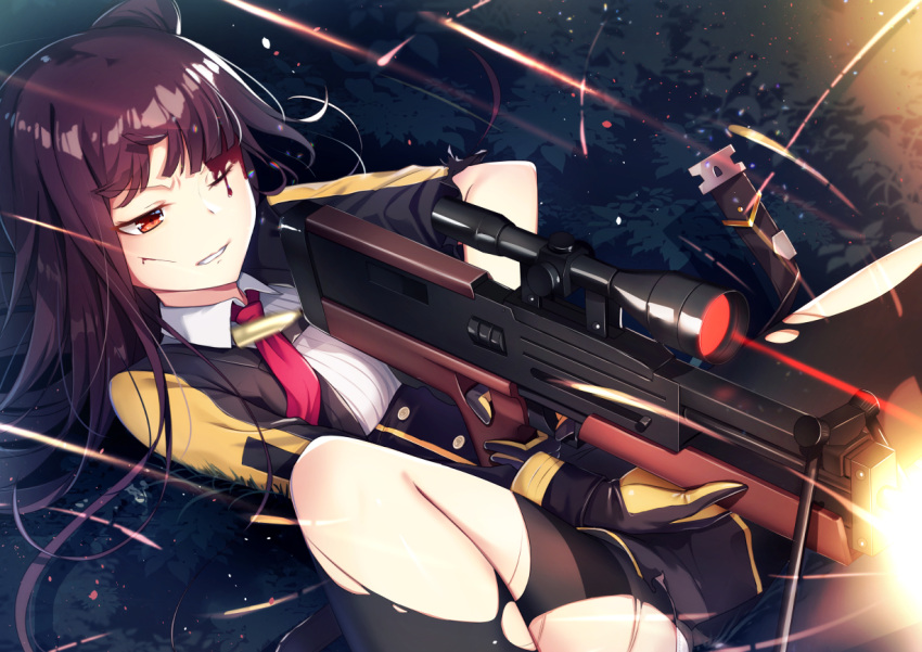 1girl bangs black_gloves black_legwear black_skirt blood blood_on_face bullet bullpup buttons clenched_teeth collared_shirt commentary_request eyebrows_visible_through_hair firing furrowed_eyebrows girls_frontline gloves grass gun holding holding_weapon injury jacket knee_up long_hair long_sleeves looking_away lying miniskirt motion_blur muzzle_flash necktie night on_back one_eye_closed one_side_up open_clothes open_jacket pantyhose parted_lips purple_hair red_eyes red_neckwear revision rifle scope shirt skirt sniper_rifle solo teeth torn_clothes torn_jacket torn_legwear underbust v-shaped_eyebrows wa2000_(girls_frontline) walther walther_wa_2000 weapon white_shirt yan_(nicknikg)