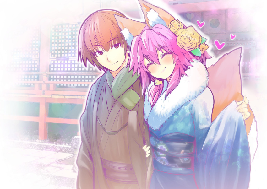 1boy 1girl alternate_hairstyle animal_ear_fluff animal_ears aqua_kimono blush brown_eyes brown_hair brown_kimono closed_eyes closed_mouth fang fate/extra fate/extra_ccc fate/grand_order fate_(series) floral_print flower fox_ears fox_tail fur_collar fur_trim hair_flower hair_ornament heart highres japanese_clothes kimono kishinami_hakuno_(male) long_sleeves looking_at_viewer new_year obi pink_hair sash scarf short_hair smile tail tamamo_(fate)_(all) tamamo_no_mae_(fate) wide_sleeves wisespeak yukata