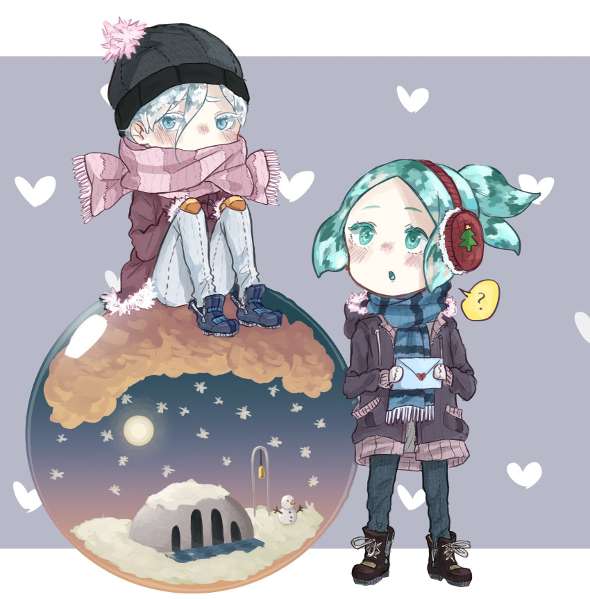 2others ? absurdres alternate_costume alternate_hairstyle androgynous antarcticite aqua_eyes aqua_hair beanie blue_eyes blush boots chibi coat colored_eyelashes contemporary crystal_hair earmuffs green_eyes green_hair hair_between_eyes hat highres houseki_no_kuni letter mittens multiple_others phosphophyllite ponytail scarf short_hair sitting snow_globe spoken_question_mark thick_eyebrows white_hair winter_clothes