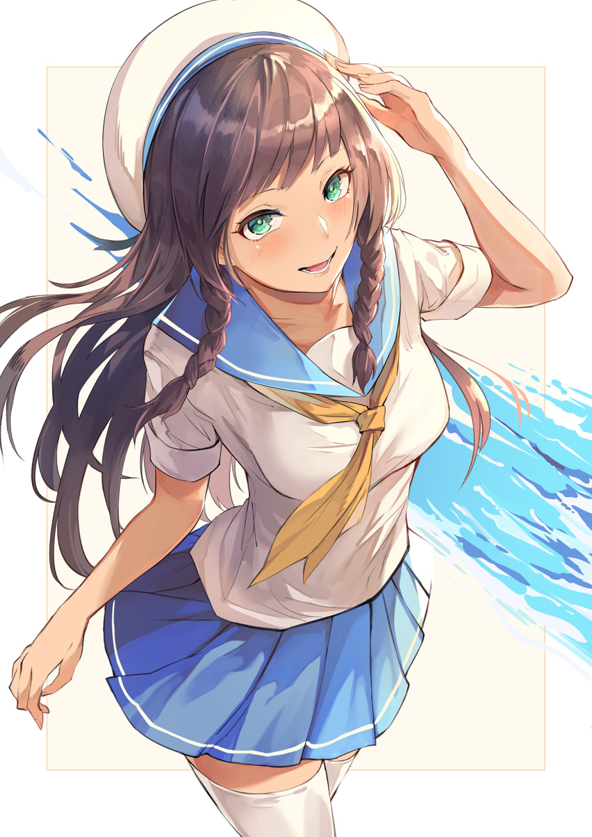 1girl :d arm_at_side arm_up bangs blue_sailor_collar blue_skirt blush braid breasts brown_hair commentary_request cowboy_shot devildogs from_above green_eyes hat highres long_hair looking_at_viewer looking_up medium_breasts neckerchief open_mouth original pleated_skirt sailor_collar sailor_hat school_uniform serafuku shirt short_sleeves skirt smile solo thigh-highs twin_braids water white_hat white_legwear white_shirt yellow_neckwear zettai_ryouiki