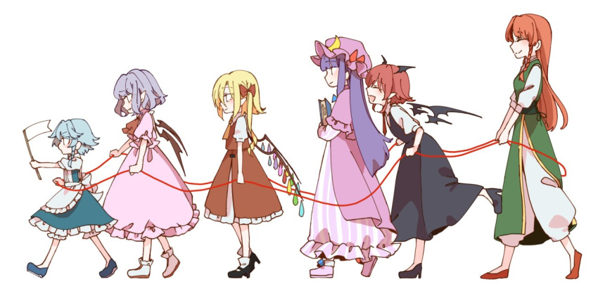 6+girls :d ^_^ apron ascot baggy_pants bangs bat_wings black_dress black_footwear blonde_hair bloomers blue_bow blue_dress blue_footwear blue_hair blue_ribbon book bow braid closed_eyes closed_eyes commentary_request crystal demon_wings dress eyebrows_visible_through_hair flag flandre_scarlet full_body green_skirt green_vest hair_bow hat hat_bow head_wings high_heels holding holding_book holding_flag hong_meiling izayoi_sakuya koakuma long_hair mob_cap multiple_girls no_hat no_headwear one_side_up open_mouth orange_hair pants patchouli_knowledge petticoat pink_dress pointy_ears puffy_short_sleeves puffy_sleeves purple_capelet purple_dress purple_footwear purple_hat red_bow red_footwear red_neckwear red_ribbon red_skirt red_string red_vest remilia_scarlet ribbon shirt shoe_ribbon shoes short_hair short_sleeves side_slit silver_hair simple_background skirt skirt_lift smile souta_(karasu_no_ouchi) string striped touhou triangular_headpiece underwear vertical-striped_dress vertical_stripes very_long_hair vest waist_apron walking white_apron white_background white_bloomers white_footwear white_pants white_shirt wings yellow_neckwear younger |_|