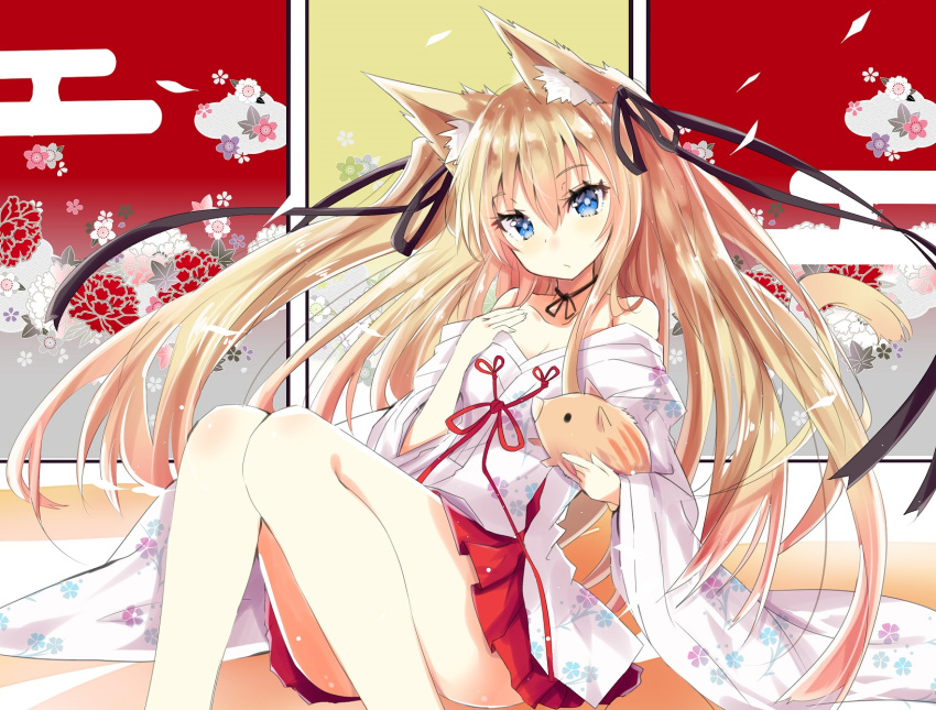 1girl animal animal_ear_fluff animal_ears bangs bare_legs bare_shoulders blue_eyes blush boat brown_ribbon chinese_zodiac closed_mouth commentary_request egasumi eyebrows_visible_through_hair floral_print fox_ears hair_between_eyes hair_ribbon head_tilt highres hizaka japanese_clothes kimono leaning_back light_brown_hair long_hair long_sleeves looking_at_viewer off_shoulder original pleated_skirt print_kimono red_skirt ribbon sitting skirt solo two_side_up very_long_hair watercraft white_kimono year_of_the_pig