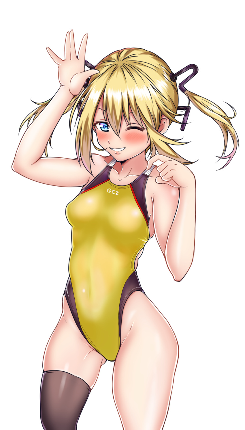 1girl absurdres aiuchi black_legwear blonde_hair blue_eyes character_request collarbone competition_swimsuit cowboy_shot girls_frontline highleg highleg_swimsuit highres long_hair looking_at_viewer one-piece_swimsuit parted_lips simple_background single_thighhigh solo swimsuit thigh-highs twintails white_background yellow_swimsuit