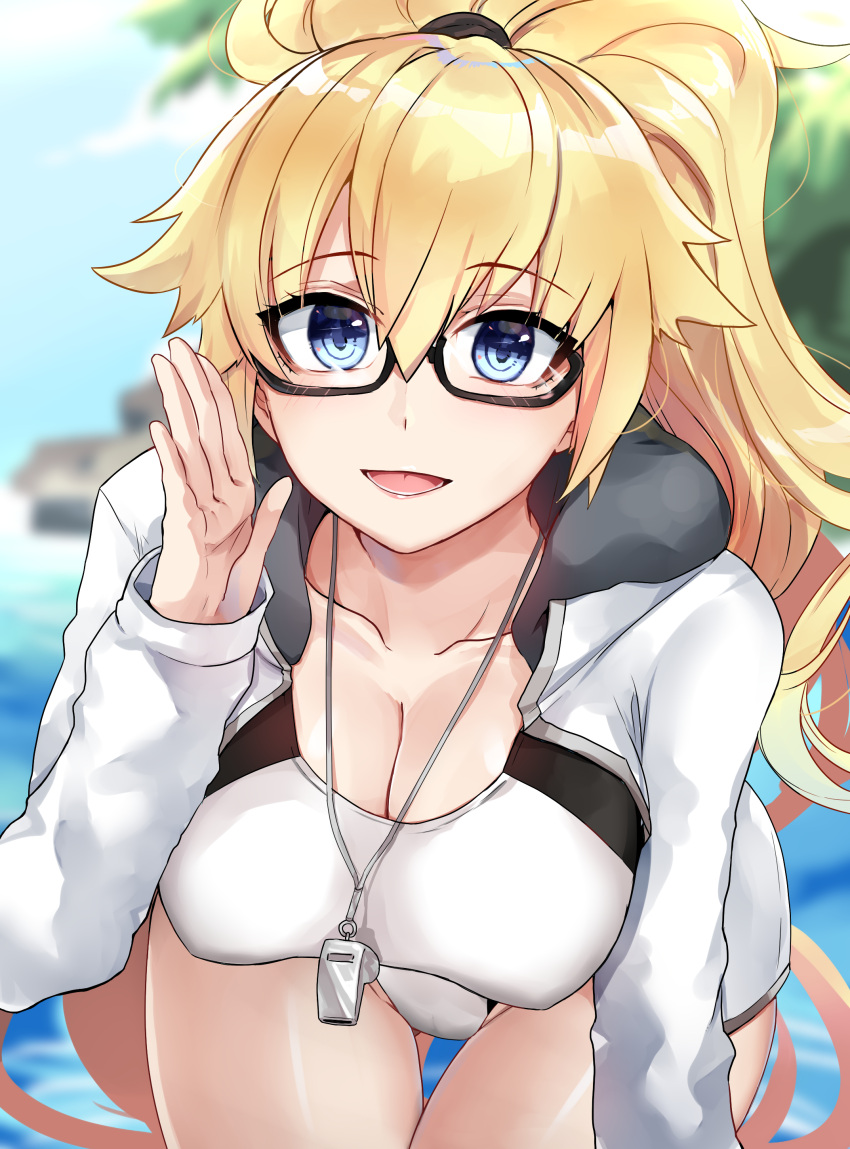 1girl absurdres bangs beach black-framed_eyewear blush breasts cleavage collarbone fate/grand_order fate_(series) glasses hair_between_eyes highres hips hood hooded_jacket jacket jeanne_d'arc_(fate)_(all) jeanne_d'arc_(swimsuit_archer) large_breasts leaning_forward long_hair looking_at_viewer one-piece_swimsuit open_clothes open_jacket open_mouth outdoors ponytail sky smile solo swimsuit thighs very_long_hair whistle white_jacket white_swimsuit yorei_(death0813)