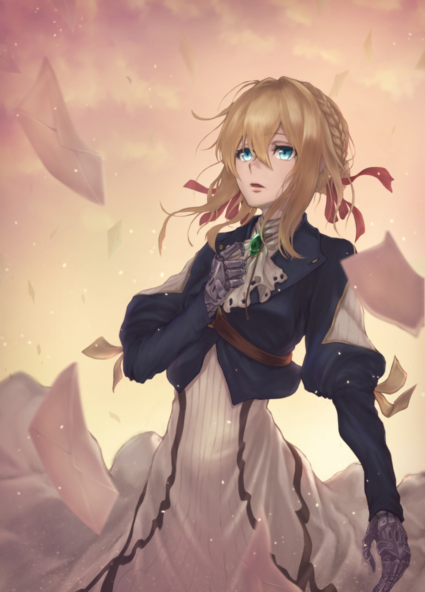 1girl absurdres ascot blonde_hair blue_eyes blue_jacket braid clouds cloudy_sky dress dusk floating_hair french_braid hair_between_eyes hair_ribbon highres jacket jewelry letter long_dress long_sleeves looking_up open_mouth outdoors red_ribbon ribbon sky solo standing violet_evergarden violet_evergarden_(character) white_dress white_neckwear yasu_(segawahiroyasu)