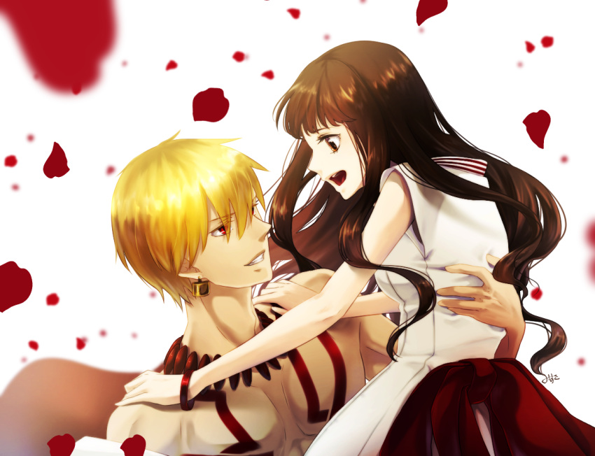 1boy 1girl blonde_hair brown_eyes brown_hair carrying couple dress earrings eye_contact fate/extra fate/extra_ccc fate_(series) floating_hair gilgamesh grin jewelry kishinami_hakuno_(female) long_hair looking_at_another mistxtea necklace open_mouth petals princess_carry red_eyes short_hair sleeveless sleeveless_dress smile white_background white_dress