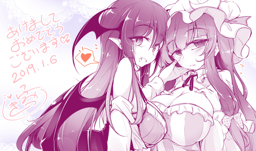 2girls bangs bare_shoulders blunt_bangs bow bra breasts cleavage commentary_request crescent crescent_moon_pin demon_wings dress eyebrows_visible_through_hair fang fumitsuki_(minaduki_6) hair_bow hands_on_own_chest hat head_wings heart huge_breasts koakuma large_breasts long_hair long_sleeves looking_at_viewer mob_cap multiple_girls off_shoulder patchouli_knowledge pointy_ears shirt skirt slit_pupils smile spoken_heart striped striped_dress touhou underwear upper_body wings