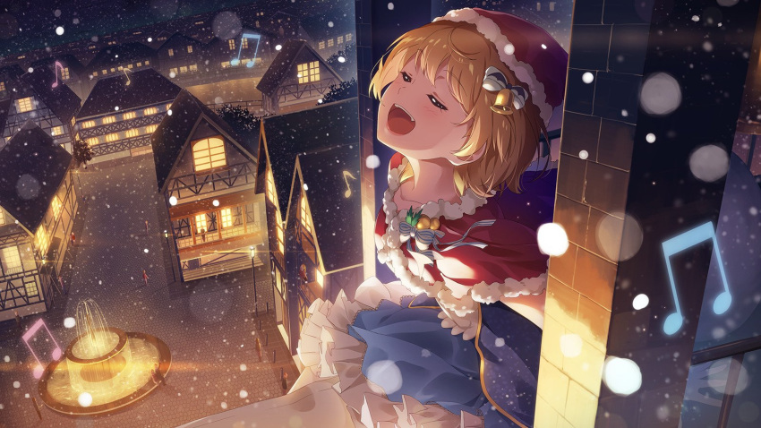 1girl bat_hair_ornament bell blonde_hair bow capelet closed_eyes collarbone commentary fountain hair_bell hair_bow hair_ornament hat highres hololive house music musical_note narumi_nanami open_mouth outdoors santa_hat short_hair singing skirt smile snow town virtual_youtuber yozora_mel