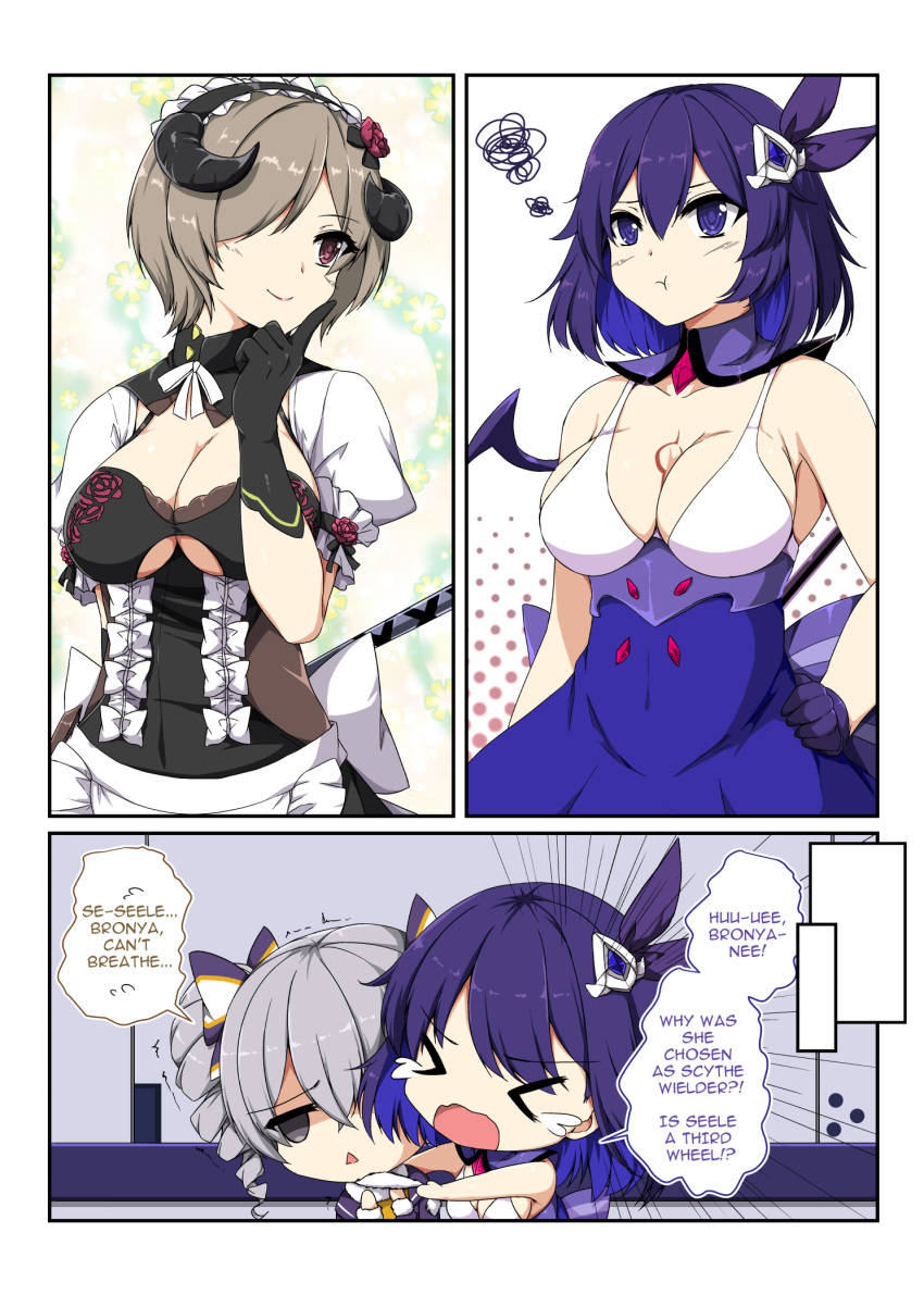 &gt;_&lt; 3girls :&lt; :t apron armband bangs bare_arms bare_shoulders benghuai_xueyuan black_dress black_gloves black_hairband blue_dress bow breasts bronya_zaychik brown_hair chest_tattoo chibi cleavage clip_studio_paint closed_mouth collarbone comic covered_navel crossed_bangs crying detached_collar dress drill_hair emphasis_lines english_text eyebrows_visible_through_hair finger_to_cheek floral_background flower gem gloves grey_eyes grey_hair hair_between_eyes hair_bow hair_flower hair_ornament hair_over_one_eye hair_ribbon hairband halftone hand_on_hip head_tilt highres honkai_(series) honkai_impact_3 horns jealous jitome lolita_hairband looking_away maid maid_apron medium_breasts medium_hair multiple_girls neck_ribbon open_mouth pout puffy_short_sleeves puffy_sleeves purple_gloves purple_hair purple_ribbon red_eyes red_flower red_rose ribbon rita_rossweisse rose scarf seele_vollerei sheita shiny shiny_hair short_hair short_sleeves sleeveless sleeveless_dress smile squiggle standing tattoo trembling triangle_mouth twin_drills twintails underbust violet_eyes wavy_mouth white_apron white_ribbon white_scarf