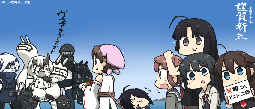 6+girls :3 ahoge asagumo_(kantai_collection) asashio_(kantai_collection) black_hair black_serafuku blazer blue_eyes blue_sky braid brown_hair character_request commentary_request day dress gradient_sky grey_eyes hair_flaps hair_over_shoulder hair_ribbon hamu_koutarou hiei_(kantai_collection) highres jacket kako_(kantai_collection) kantai_collection long_hair long_sleeves multiple_girls new_year outdoors pinafore_dress remodel_(kantai_collection) ribbon school_uniform serafuku shigure_(kantai_collection) shinkaisei-kan shouhou_(kantai_collection) single_braid sky sleeping twintails