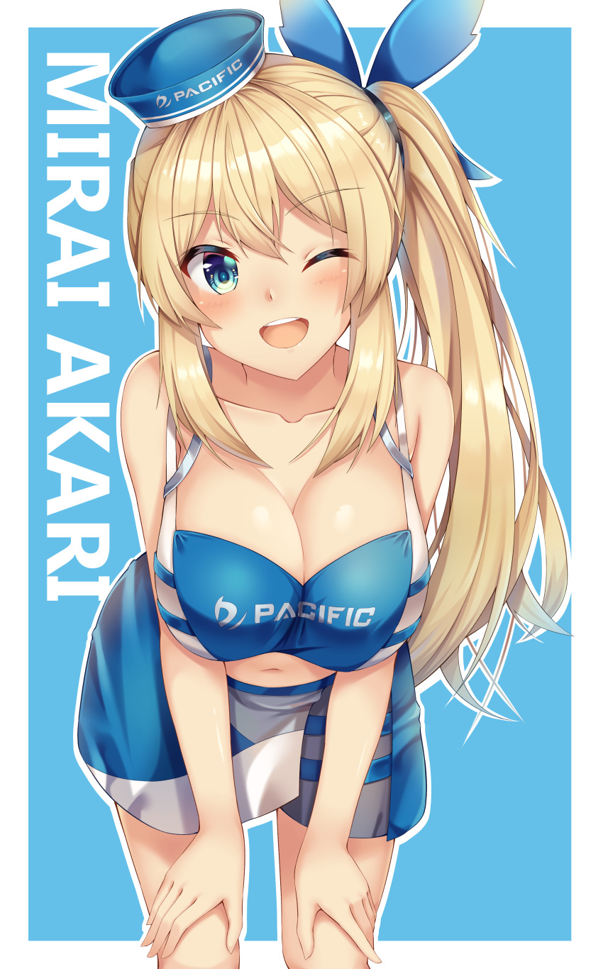 1girl ;d absurdres amagi_korona bangs bare_shoulders blonde_hair blue_eyes blue_hat blue_ribbon blue_shirt blue_shorts blush breasts character_name cleavage clothes_writing collarbone commentary_request copyright_name crop_top eyebrows_visible_through_hair hair_between_eyes hair_ribbon hands_on_own_thighs hat head_tilt highres large_breasts leaning_forward legs_apart long_hair looking_at_viewer midriff mini_hat mirai_akari mirai_akari_project navel one_eye_closed open_mouth racequeen ribbon shirt short_shorts shorts side_ponytail sidelocks sleeveless sleeveless_shirt smile solo standing thighs tilted_headwear upper_teeth v-shaped_eyebrows virtual_youtuber