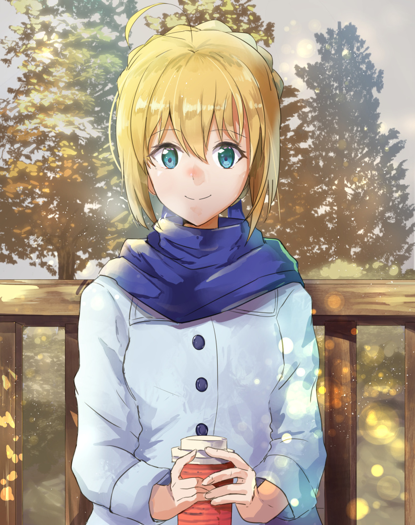 1girl ahoge artoria_pendragon_(all) blonde_hair blue_eyes blue_scarf braided_bun coat eyebrows_visible_through_hair fate/stay_night fate_(series) gorogoronemuri hair_between_eyes highres holding lens_flare looking_at_viewer outdoors saber scarf shiny shiny_hair smile solo tied_hair upper_body white_coat winter_clothes winter_coat