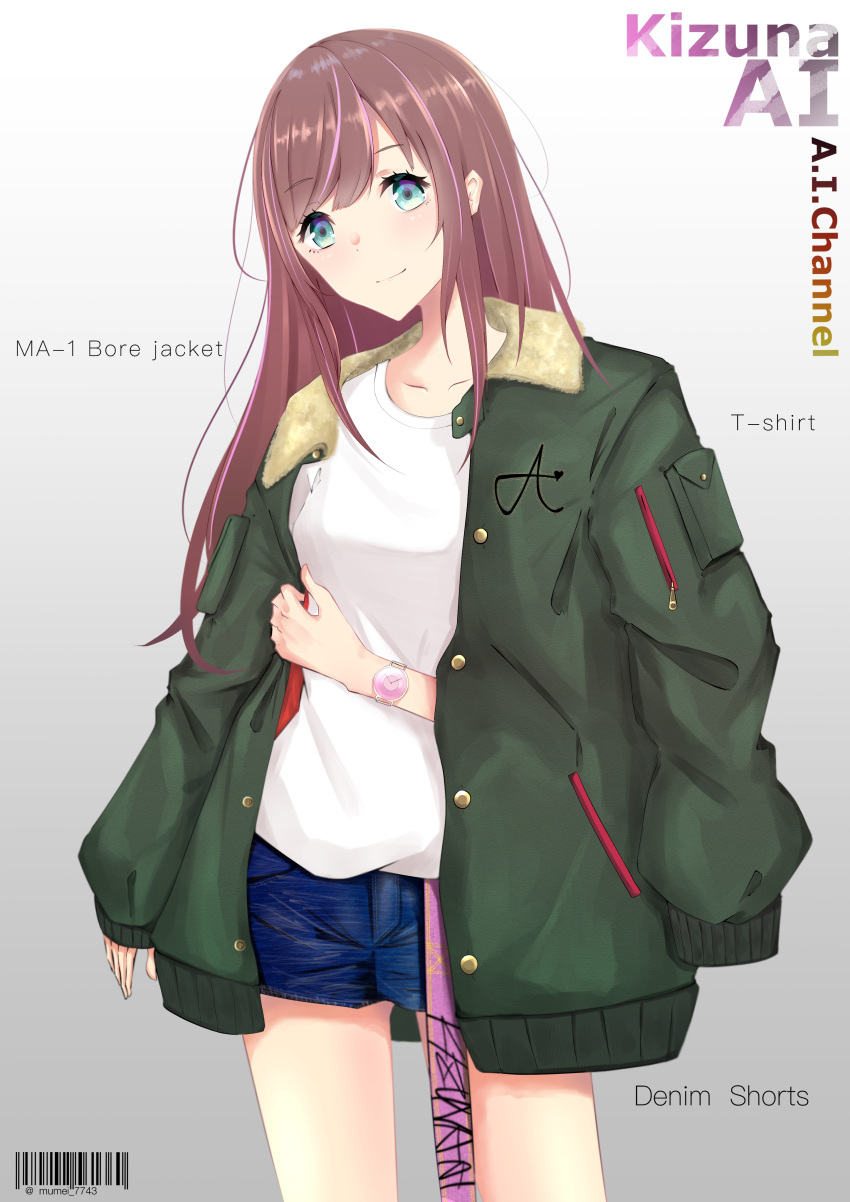 1girl a.i._channel absurdres alternate_costume bangs barcode blue_shorts blush brown_hair casual closed_mouth collarbone cowboy_shot denim denim_shorts english_text eyebrows_visible_through_hair fashion fur_collar gradient gradient_background green_jacket highres jacket kizuna_ai long_hair long_sleeves multicolored_hair mumei_(mumei_7743) open_clothes open_jacket pink_hair shirt shorts sleeves_past_wrists smile solo streaked_hair swept_bangs t-shirt two-tone_hair virtual_youtuber watch white_shirt