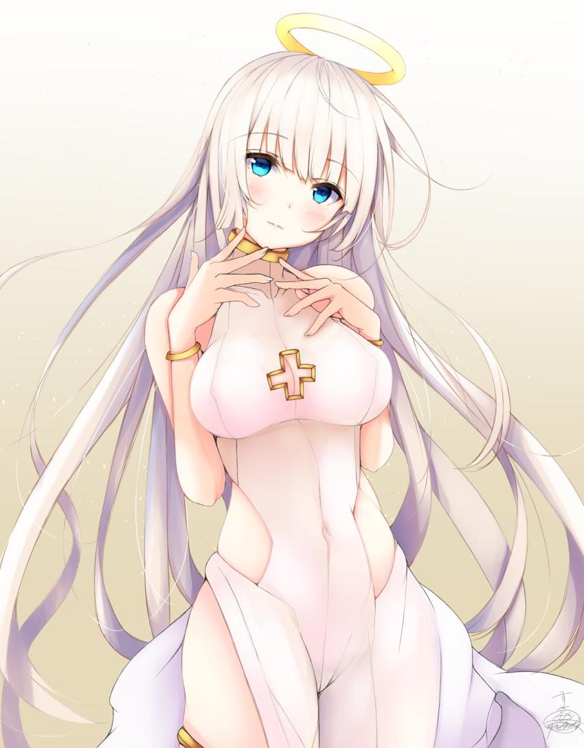 1girl angel bangs bare_shoulders blue_eyes blush bodysuit bracelet breasts cleavage_cutout collarbone covered_navel cowboy_shot cross_cutout crotch_seam eyebrows_visible_through_hair halo head_tilt highres jewelry long_hair looking_at_viewer medium_breasts original parted_lips solo suzume_(simple0091) thighlet very_long_hair white_bodysuit white_hair