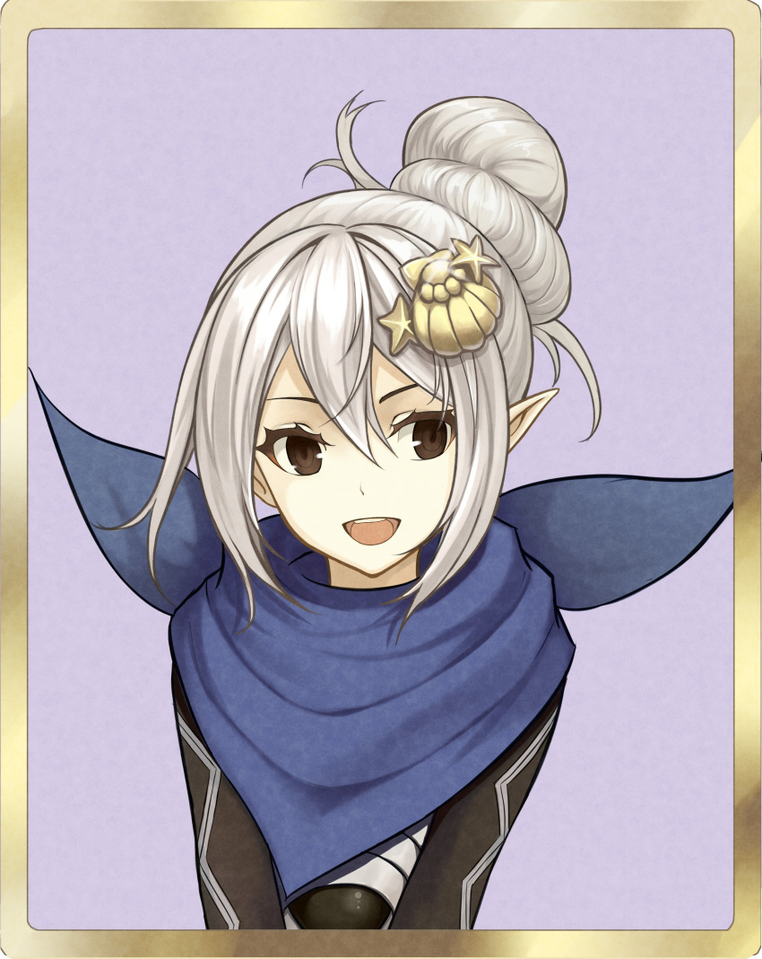 1girl absurdres blue_scarf commission dakkalot fire_emblem fire_emblem_heroes fire_emblem_if hair_bun hair_ornament hairpin highres kanna_(female)_(fire_emblem_if) kanna_(fire_emblem_if) nintendo open_mouth pointy_ears scarf simple_background solo upper_body white_hair