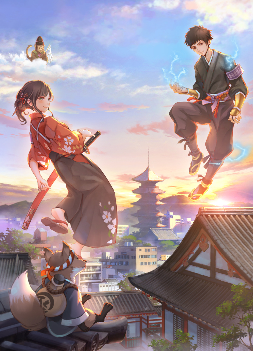 1boy 1girl animal architecture armband black_hair black_hakama black_pants black_shirt blue_sky breasts building closed_mouth clouds cloudy_sky commentary_request day diffraction_spikes east_asian_architecture evening fantasy floral_print fox gauntlets gourd hakama highres huge_filesize japanese_clothes katana kimono looking_at_viewer magic midair monkey original outdoors pagoda pants print_kimono red_kimono sheath sheathed shirt sho_(shoichi-kokubun) short_hair sky small_breasts smile sunlight sunset sword tile_roof tree weapon zouri