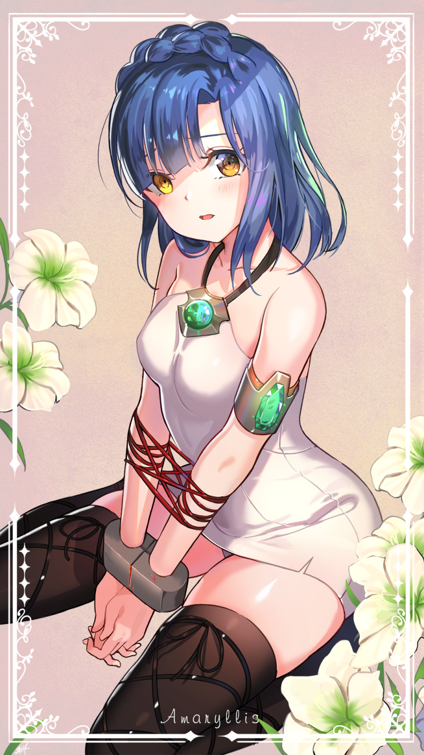 1girl armlet armpit_crease bangs bare_shoulders black_ribbon blue_hair blush bound bound_arms braid breasts brooch brown_legwear collarbone crown_braid cuffs flower frame halter_dress halterneck handcuffs highres idolmaster idolmaster_million_live! idolmaster_million_live!_theater_days jewelry kuri_choko looking_at_viewer medium_breasts nanao_yuriko panties parted_lips red_ribbon restrained ribbon shaded_face short_hair sidelocks sitting solo thigh-highs thighs underwear wariza white_flower white_panties yellow_eyes