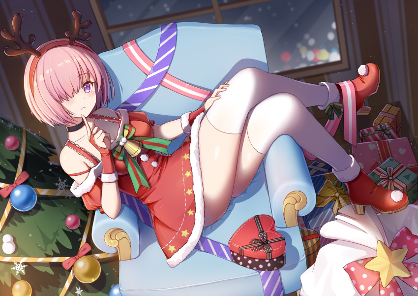 94_(644534209) absurdres alternate_costume ankle_boots arm_support armchair bangs bauble bell black_bow black_choker boots bow box breasts bridal_gauntlets chair choker christmas christmas_tree cleavage collarbone commentary dress english_commentary eyebrows_visible_through_hair fake_antlers fate/grand_order fate_(series) finger_to_mouth full_body fur-trimmed_boots fur_trim gift gift_box green_ribbon hairband hand_on_own_thigh heart heart-shaped_box high_heel_boots high_heels highres index_finger_raised indoors leaning_back legs_crossed looking_at_viewer mash_kyrielight medium_breasts off-shoulder_dress off_shoulder parted_lips pink_hair pink_ribbon polka_dot polka_dot_bow pom_pom_(clothes) red_footwear red_hairband ribbon sack santa_costume short_hair sitting smile snowflakes star thigh-highs thighs violet_eyes white_legwear window