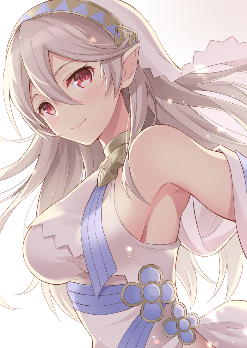 1girl absurdres bare_shoulders breasts closed_mouth female_my_unit_(fire_emblem_if) fire_emblem fire_emblem_heroes fire_emblem_if from_side highres long_hair looking_to_the_side medium_breasts my_unit_(fire_emblem_if) nintendo pointy_ears red_eyes shiyo_yoyoyo simple_background smile solo upper_body veil white_background white_hair