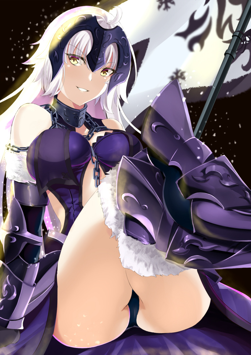 ahoge arikawa_rui armor armored_boots bangs black_background blue_dress boots breasts chains commentary_request dress eyebrows_visible_through_hair fate/grand_order fate_(series) flag fur_trim gauntlets headpiece highres jeanne_d'arc_(alter)_(fate) jeanne_d'arc_(fate)_(all) large_breasts long_hair panties pantyshot reclining silver_hair smile thigh-highs tsurime underwear yellow_eyes
