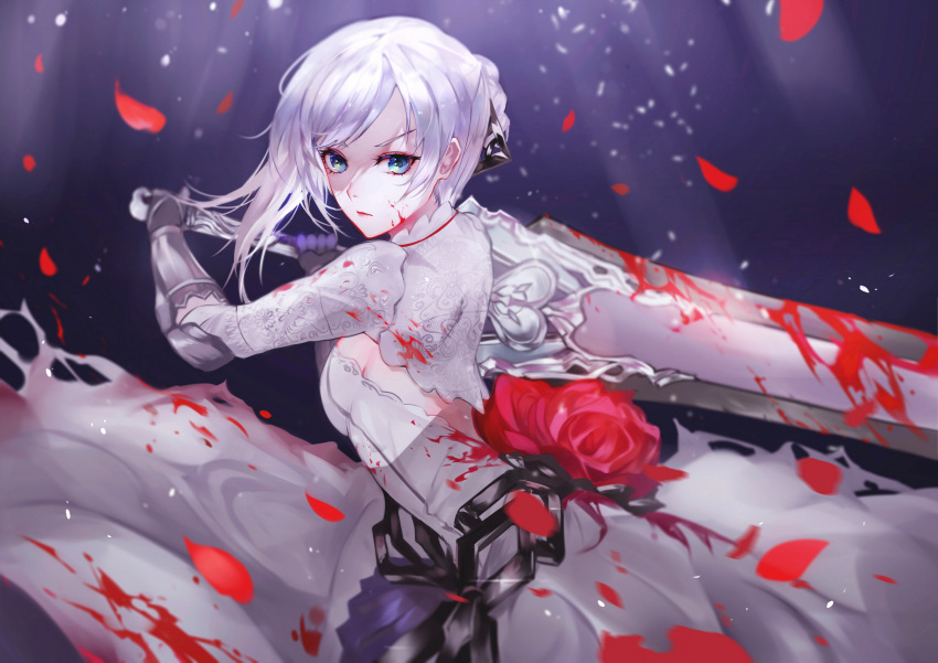 1girl asymmetrical_hair bangs blood blood_on_face bloody_clothes bloody_weapon blue_eyes braid breasts closed_mouth dress floating flower gauntlets gloves highres holding holding_weapon long_hair looking_at_viewer medium_breasts petals princess rose silver_hair simple_background sinoalice sleeveless sleeveless_dress snow_white_(sinoalice) solo sword thigh-highs vardan weapon white_dress