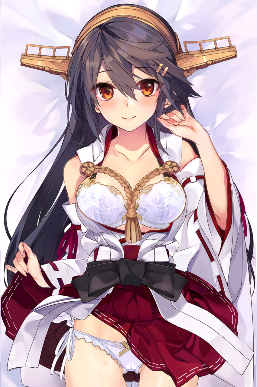1girl absurdres aiguillette arm_behind_back bangs bare_shoulders black_hair blush bra breasts brown_eyes cleavage closed_mouth collarbone commentary_request cowboy_shot dakimakura detached_sleeves eyebrows_visible_through_hair gluteal_fold groin hair_between_eyes hair_ornament hairband hairclip hand_up haruna_(kantai_collection) headgear highres huge_filesize japanese_clothes kantai_collection large_breasts long_hair looking_at_viewer lying nontraditional_miko on_back panties red_skirt remodel_(kantai_collection) ribbon-trimmed_panties shirokitsune side-tie_panties sidelocks skirt skirt_lift smile solo underwear white_bra white_panties wide_sleeves
