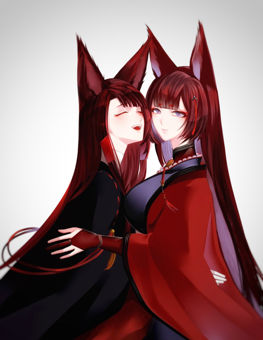 2girls akagi_(azur_lane) amagi_(azur_lane) animal_ears azur_lane bangs black_kimono blunt_bangs breasts brown_hair choker coat eyeliner eyeshadow fox_ears fox_girl gloves hair_ornament highres japanese_clothes kimono kitsune long_hair makeup multiple_girls partly_fingerless_gloves red_coat siblings sisters thick_eyebrows violet_eyes wide_sleeves