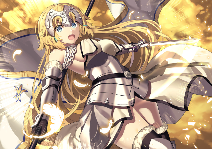 1girl ahoge akae_neo armor armored_dress bangs blonde_hair blue_eyes blush braid breasts chains clouds eyebrows_visible_through_hair fate/apocrypha fate/grand_order fate_(series) faulds feathers floating_hair gauntlets hair_between_eyes headpiece holding holding_sword holding_weapon jeanne_d'arc_(fate) jeanne_d'arc_(fate)_(all) large_breasts lens_flare long_hair looking_at_viewer open_mouth outdoors plackart sidelocks single_braid solo standard_bearer sword thigh-highs very_long_hair weapon wind wind_lift yellow_sky
