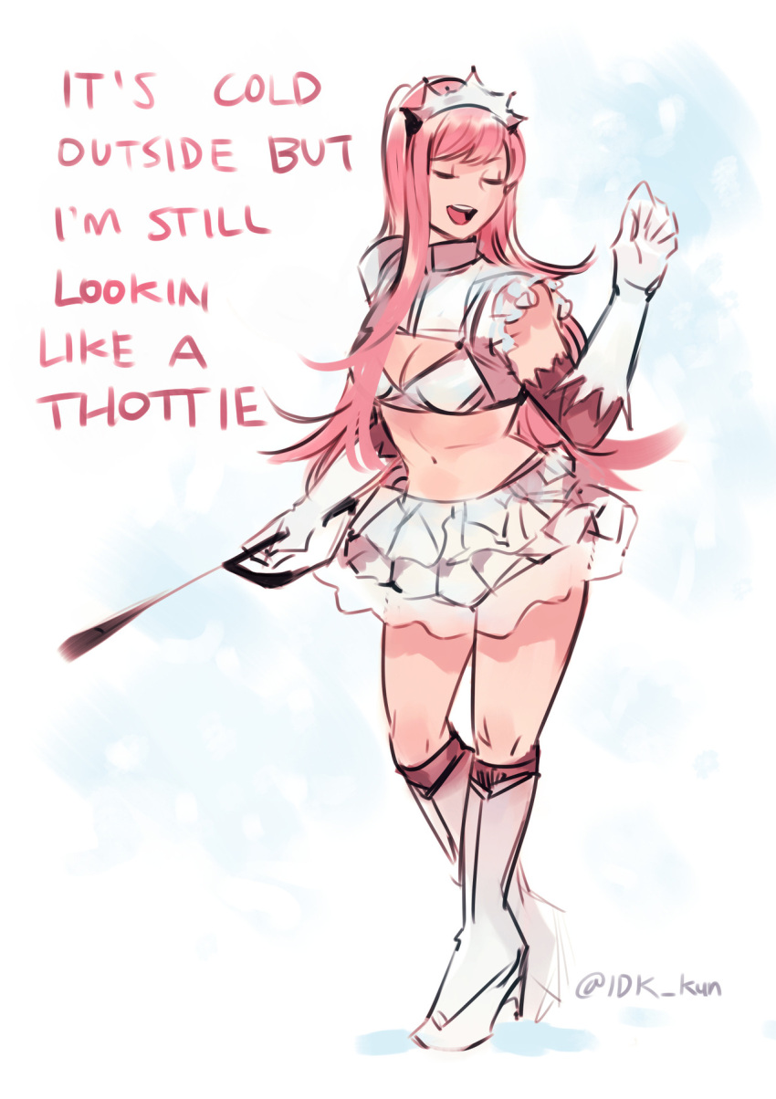 1girl :d blue_background boots bra closed_eyes dancing facing_viewer fate/grand_order fate_(series) gloves high_heel_boots high_heels highres holding idk-kun long_hair medb_(fate)_(all) medb_(fate/grand_order) open_mouth pink_hair riding_crop short_sleeves skirt smile solo standing twitter_username underwear white_bra white_footwear white_gloves white_skirt