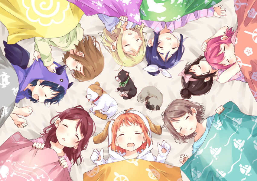 6+girls ahoge animal animal_hood bed_sheet black_hair blonde_hair blue_hair blush bow brown_hair candy_print circle_formation clenched_hands closed_eyes commentary_request cosplay demon_horns demon_wings dog dog_hood dolphin_print fang fangs green_bandana grey_hair hair_bow hair_bun hair_ribbon hair_up hairband hand_on_another's_head hands_up highres hood hood_grab hood_up horn_sucking horns hug kigurumi kunikida_hanamaru kurosawa_dia kurosawa_ruby long_hair love_live! love_live!_sunshine!! lying makura_(makura0128) matsuura_kanan messy_hair multiple_girls musical_note musical_note_print o_o ohara_mari on_back on_side open_mouth orange_hair orange_print pink_bow redhead ribbon sakurauchi_riko shiitake_(love_live!_sunshine!!) shiitake_(love_live!_sunshine!!)_(cosplay) short_hair sleeping sleepover sparkle_print takami_chika tsushima_yoshiko wataame_(love_live!_sunshine!!) watanabe_you white_ribbon wings