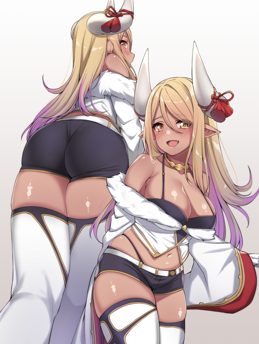1girl ass bangs bare_shoulders black_panties blonde_hair blush breasts collarbone commentary_request dark_skin draph elbow_gloves eyebrows_visible_through_hair fang fur_trim gloves granblue_fantasy hair_between_eyes highleg highleg_panties highres horns jewelry kuvira_(granblue_fantasy) large_breasts long_hair looking_at_viewer navel necklace open_mouth panties pointy_ears short_shorts shorts simple_background skindentation smile solo spicy_moo thigh-highs underwear white_legwear