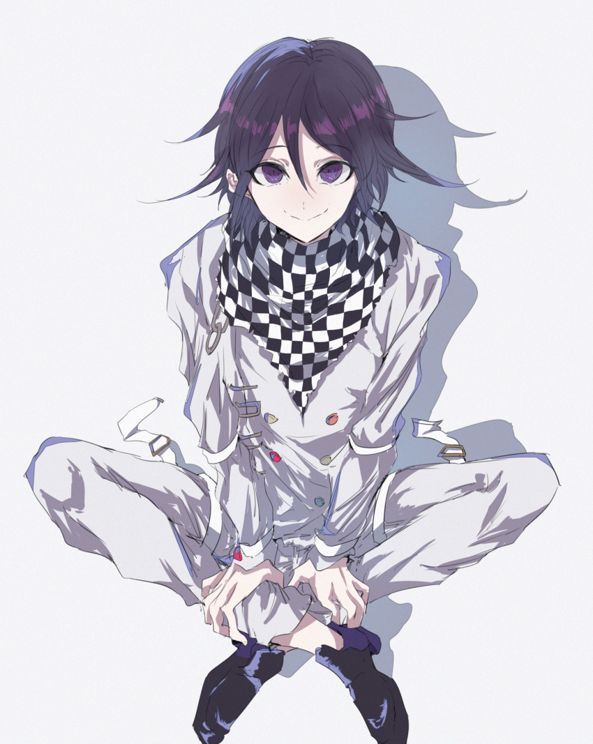 1boy black_footwear checkered checkered_scarf commentary_request dangan_ronpa eyebrows_visible_through_hair flipped_hair from_above full_body grabbing hair_between_eyes hand_on_own_leg highres jacket long_sleeves looking_at_viewer loose_clothes male_focus najuco_(naju0517) new_dangan_ronpa_v3 ouma_kokichi pale_skin purple_hair scarf shadow short_hair simple_background sitting smile solo straitjacket violet_eyes white_background white_legwear