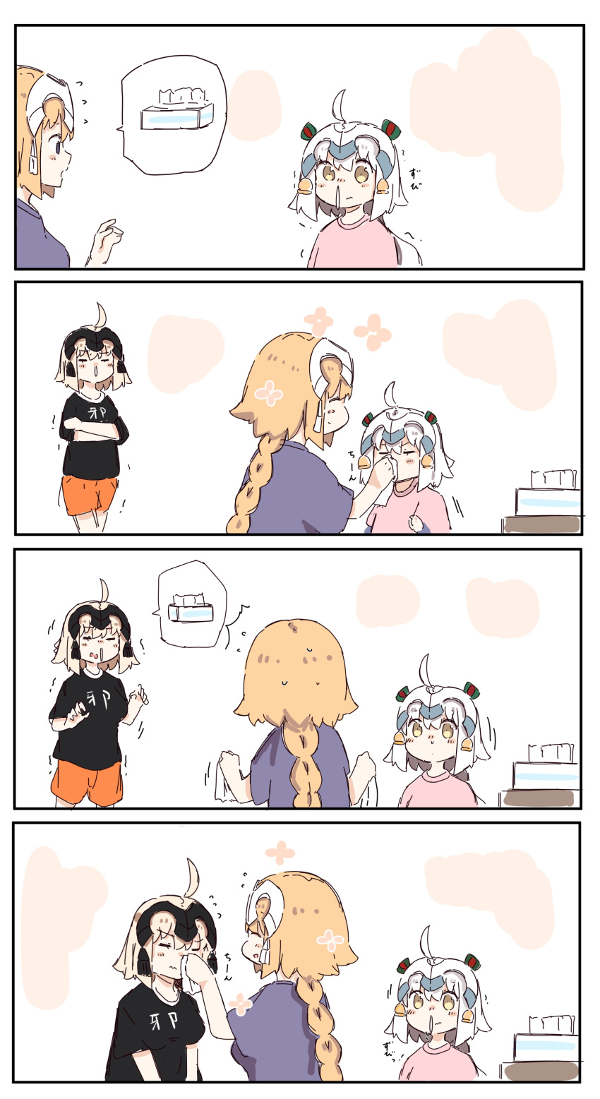 3girls 4koma ^_^ absurdres ahoge black_shirt blonde_hair blush_stickers bow braid brown_eyes closed_eyes closed_eyes closed_mouth comic crossed_arms fate/grand_order fate_(series) flying_sweatdrops green_bow hair_bow highres jeanne_d'arc_(alter)_(fate) jeanne_d'arc_(fate) jeanne_d'arc_(fate)_(all) jeanne_d'arc_alter_santa_lily light_brown_hair long_hair long_sleeves multiple_girls orange_shorts parted_lips pink_shirt profile purple_shirt ranf shirt short_over_long_sleeves short_shorts short_sleeves shorts silent_comic single_braid snot spoken_object striped striped_bow tissue_box translation_request very_long_hair violet_eyes wavy_mouth white_hair