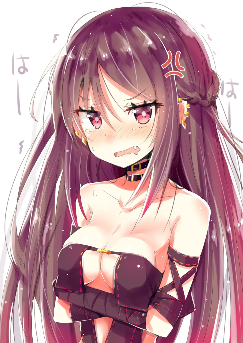 1girl anger_vein arms_under_breasts bare_shoulders blush braid breast_hold breasts brown_dress brown_hair cleavage collarbone commentary_request consort_yu_(fate) dress ear_piercing fang fate/grand_order fate_(series) highres hizaka medium_breasts nose_blush open_mouth piercing red_eyes ribbon-trimmed_dress ribbon_trim simple_background solo strapless strapless_dress sweat tears trembling upper_body white_background