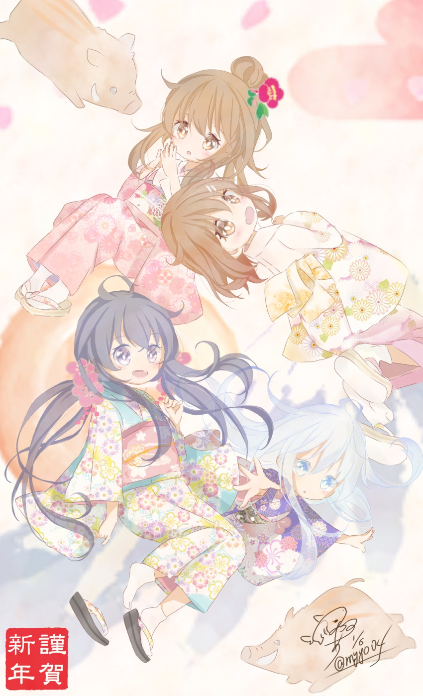 4girls akatsuki_(kantai_collection) alternate_costume alternate_hairstyle blue_eyes blue_kimono blush boar brown_eyes brown_hair chame_(myyo04) chinese_zodiac dated fang floral_print flower full_body geta hair_between_eyes hair_bun hair_flower hair_ornament hairclip happy_new_year hibiki_(kantai_collection) highres ikazuchi_(kantai_collection) inazuma_(kantai_collection) japanese_clothes kantai_collection kimono long_hair long_sleeves multiple_girls new_year obi open_mouth pink_kimono print_kimono purple_hair purple_kimono sash short_hair signature silver_hair smile tabi traditional_media translated twitter_username violet_eyes white_kimono wide_sleeves year_of_the_pig