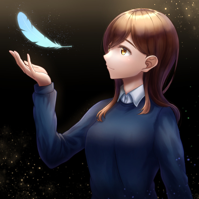 1girl bangs black_background blue_feathers blue_sweater brown_eyes brown_hair highres long_hair long_sleeves original smile solo sweater swept_bangs upper_body zumi6