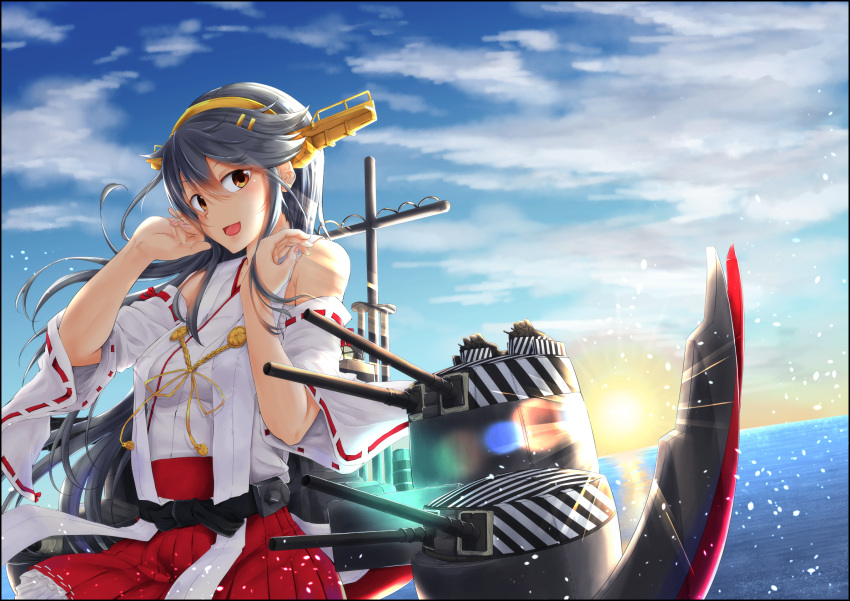 1girl backlighting bangs bare_shoulders black_hair blue_sky blush breasts brown_eyes camouflage cannon clouds day dazzle_paint detached_sleeves floating_hair hair_between_eyes hair_ornament hairband hairclip hands_up haruna_(kantai_collection) headgear highres japanese_clothes kantai_collection kuromu large_breasts long_hair looking_at_viewer nontraditional_miko open_mouth outdoors remodel_(kantai_collection) rigging sidelocks skirt sky smile solo splashing sun sunrise turret water_drop wind