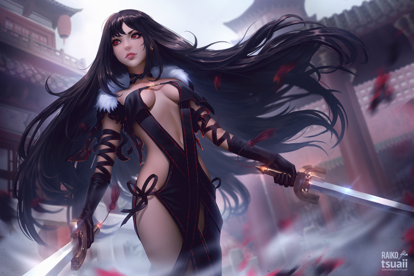 1girl arm_strap artist_name bangs bare_shoulders black_dress black_gloves black_hair breasts center_opening choker collaboration collarbone consort_yu_(fate) day dress dual_wielding ear_piercing earrings facing_viewer fate/grand_order fate_(series) floating_hair fur_trim gloves holding holding_sword holding_weapon jewelry jonathan_hamilton long_hair looking_away medium_breasts navel outdoors patreon_username piercing raikoart red_eyes revealing_clothes side-tie_dress solo strapless strapless_dress sword very_long_hair weapon wind wind_lift