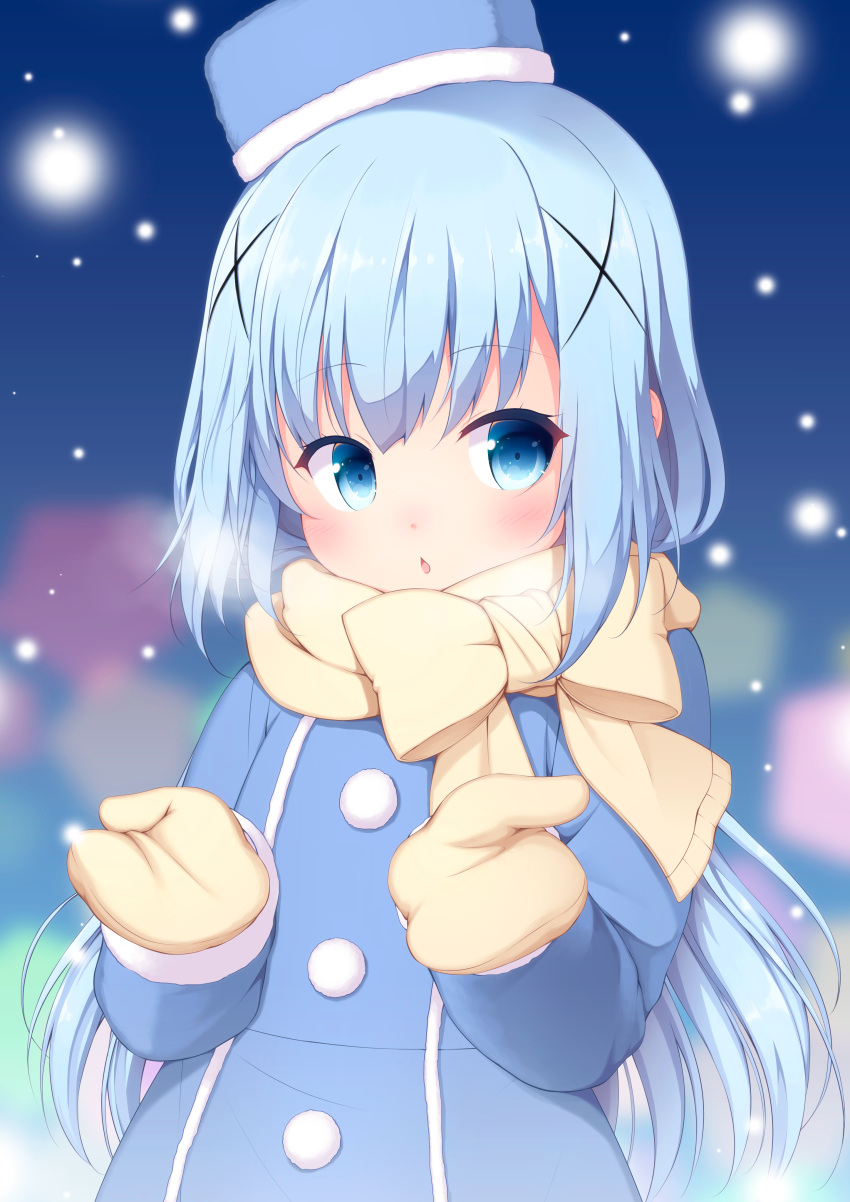 1girl absurdres bangs blue_eyes blue_hair blue_hat blurry blurry_background brown_mittens brown_scarf chestnut_mouth commentary_request depth_of_field eyebrows_visible_through_hair gochuumon_wa_usagi_desu_ka? hair_ornament hat highres kafuu_chino long_hair long_sleeves looking_at_viewer mittens parted_lips sasakura_momiji scarf snowing solo tilted_headwear upper_body very_long_hair x_hair_ornament