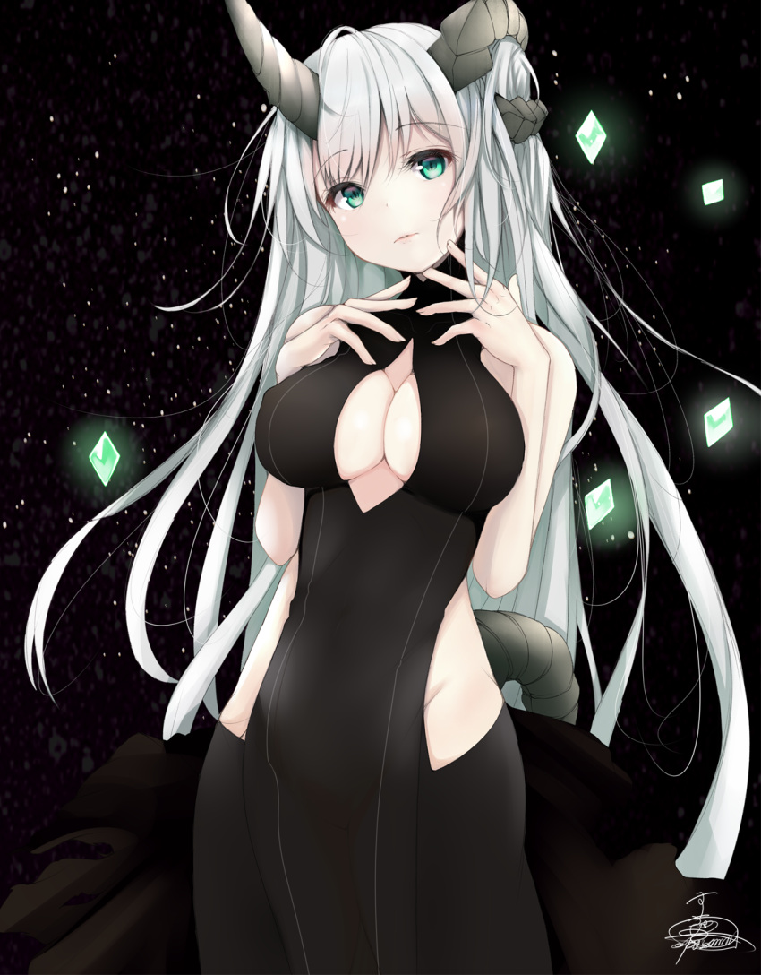 1girl bangs bare_shoulders black_dress black_pants breasts center_opening demon_girl demon_horns dress erect_nipples eyebrows_visible_through_hair gem green_eyes hands_on_own_chest highres horns large_breasts long_hair looking_at_viewer original pants signature solo suzume_(simple0091) tail turtleneck very_long_hair white_hair