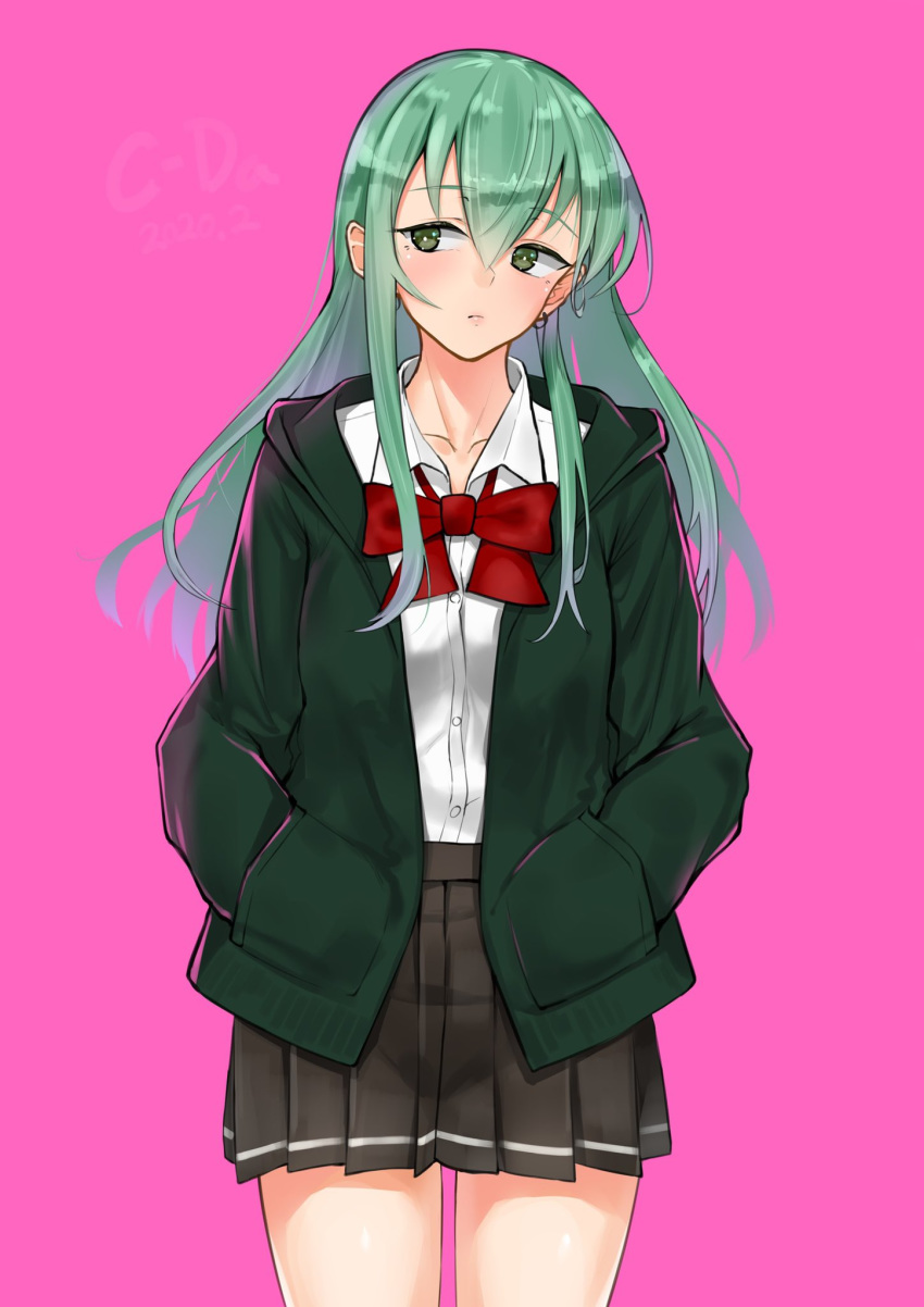 1girl artist_name black_skirt c-da collarbone collared_shirt commentary cowboy_shot dated green_eyes green_hair green_hoodie hair_ornament hair_over_shoulder hairclip hands_in_pockets highres hood hood_down hooded_jacket jacket kantai_collection long_hair looking_to_the_side open_clothes open_jacket pink_background pink_lips pleated_skirt shirt simple_background skirt solo suzuya_(kantai_collection) twitter_username white_shirt