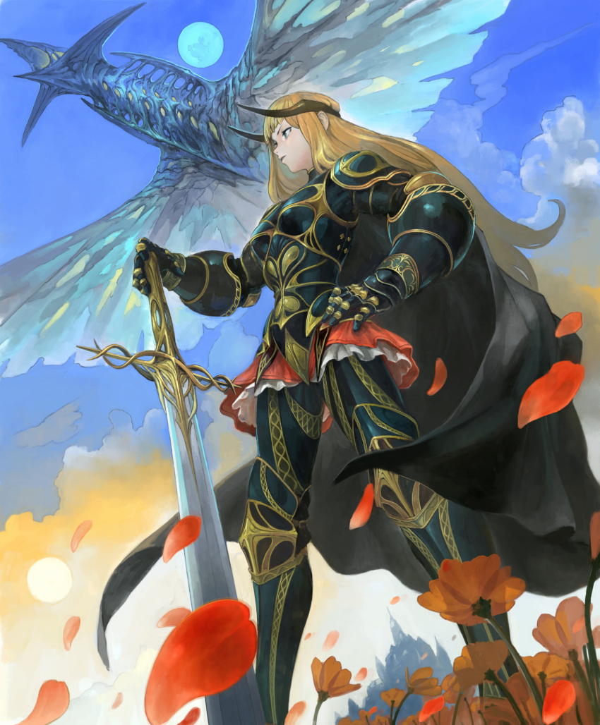 1girl armor blonde_hair blue_eyes breastplate castle circlet clouds cloudy_sky creature douzen flower flying gauntlets greaves hand_on_hip headgear highres holding holding_sword holding_weapon knight long_hair monster moon onna_kishi_(maoyuu) orange_flower original parted_lips pauldrons petals silhouette skirt sky standing sun sword vambraces weapon wings