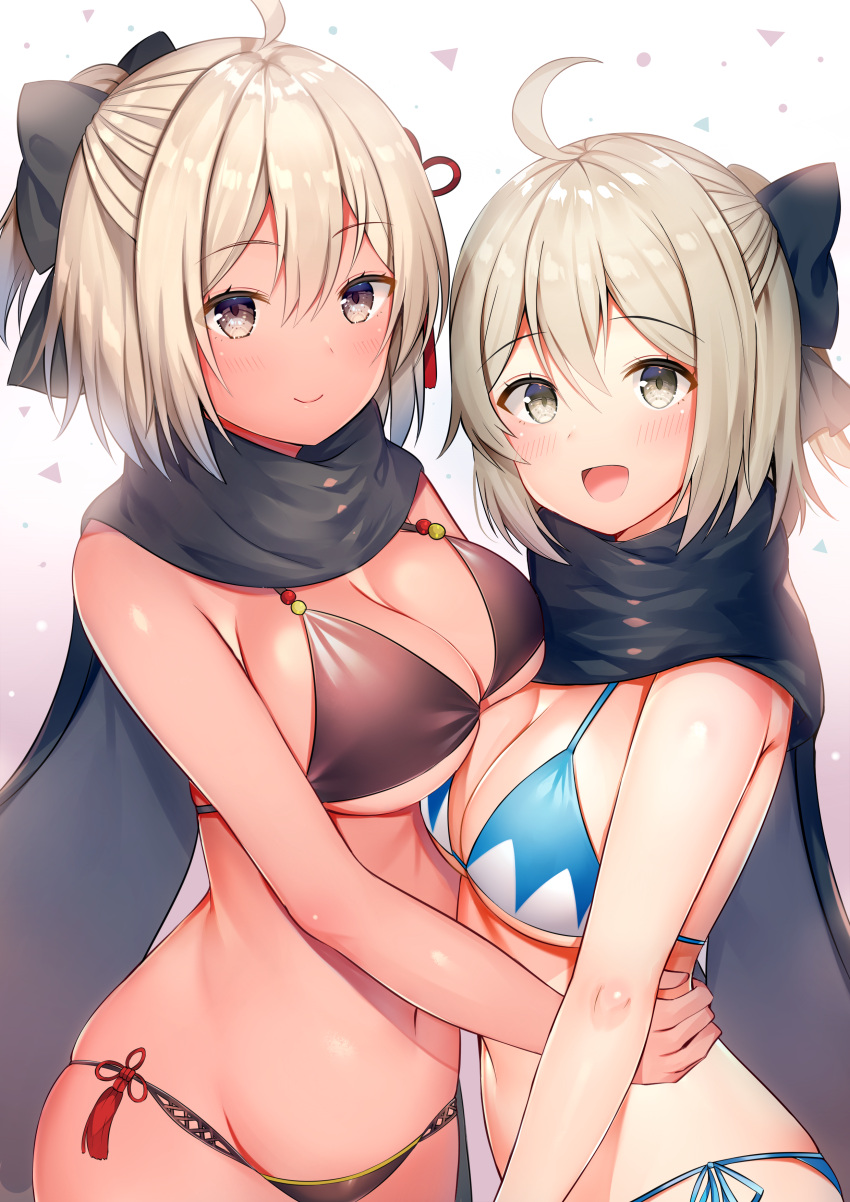 2girls :d absurdres ahoge aozora_nan asymmetrical_docking bangs bare_arms bare_shoulders bikini black_bikini black_bow black_eyes black_scarf blonde_hair blue_bikini blush bow breast_press breasts cleavage closed_mouth commentary_request eyebrows_visible_through_hair fate/grand_order fate_(series) gradient gradient_background hair_bow half_updo highres hug large_breasts looking_at_viewer multiple_girls navel okita_souji_(alter)_(fate) okita_souji_(fate) okita_souji_(fate)_(all) open_mouth scarf short_hair short_ponytail side-tie_bikini smile stomach string_bikini swimsuit tassel under_boob white_background