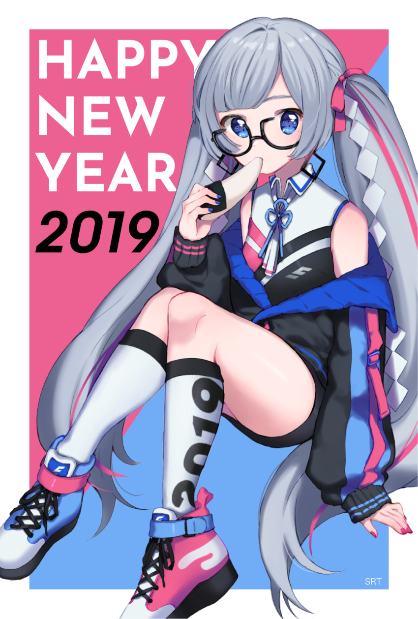 1girl 2019 arm_support bangs bare_shoulders black-framed_eyewear black_jacket black_skirt blue_eyes blue_footwear blue_nails blue_neckwear collared_shirt commentary_request cross-laced_footwear earrings eating food food_request glasses grey_hair hair_ornament hair_ribbon hand_up happy_new_year highres holding holding_food jacket jewelry kneehighs knees_together_feet_apart knees_up long_hair long_sleeves looking_at_viewer miniskirt mismatched_footwear multicolored multicolored_hair multicolored_nails nail_polish neck_ribbon new_year off_shoulder original pencil_skirt pink_footwear pink_hair pink_nails pink_ribbon ribbon shide shirotsuna shirt shoes sidelocks sitting skirt sleeveless sleeveless_shirt sleeves_past_wrists sneakers solo streaked_hair thighs twintails very_long_hair white_legwear white_neckwear white_shirt